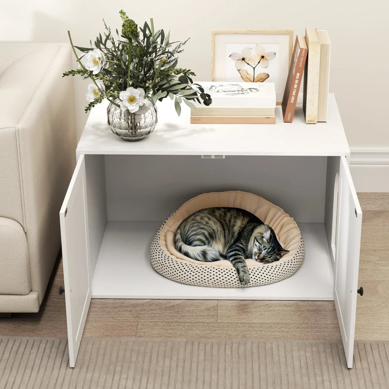 PawHut Cat Litter Box Enclosure With Barn Door, Cat Hole, White