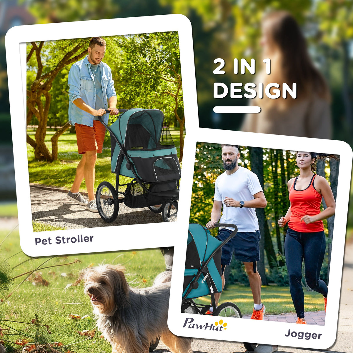 3 Wheels Pet Stroller for Small Dogs and Medium Dogs with Adjustable Canopy, Safety Tether, Storage Basket, Dark Green