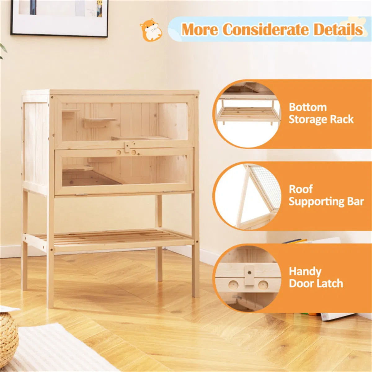 31.5 " Fir Wood Hamster Cage with Flip Mesh Roof, Multi-Level Activity Areas & Bottom Storage Shelf
