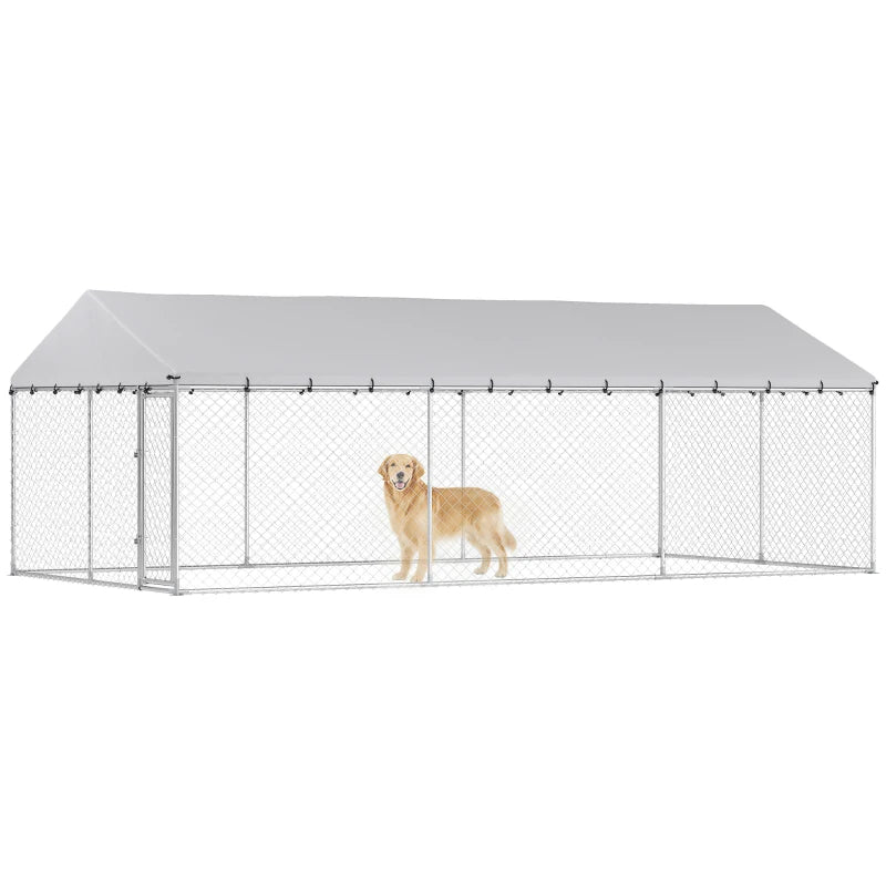 Heavy Duty Outdoor Dog Kennel With Waterproof Roof, 2 Secure Latches, Chain Link Dog Run For Backyard, 20' X 10' X 7'For