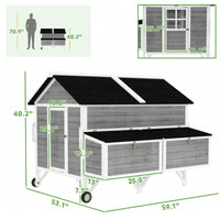 Wooden Chicken Coop W Wheels, Handles, 2 Nesting Boxes, 2 Trays, 4 Perches, Chicken Tractor For 4-6 Chickens, GrayFor Mu