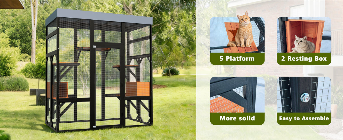 Large Outdoor Cat Enclosure Catio with 5 Platforms & 2 Napping Houses, Secure Metal Wire, Easy Assembly for Indoor & Out