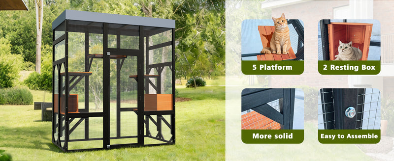 Large Outdoor Cat Enclosure Catio with 5 Platforms & 2 Napping Houses, Secure Metal Wire, Easy Assembly for Indoor & Out