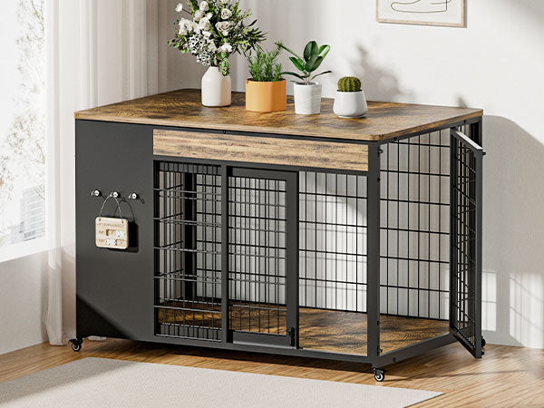 42-Inch Double Wide Wooden Double-Door Dog Crate Side Table Combo - Heavy-Duty DIY Assembly, Chew-Resistant Construction