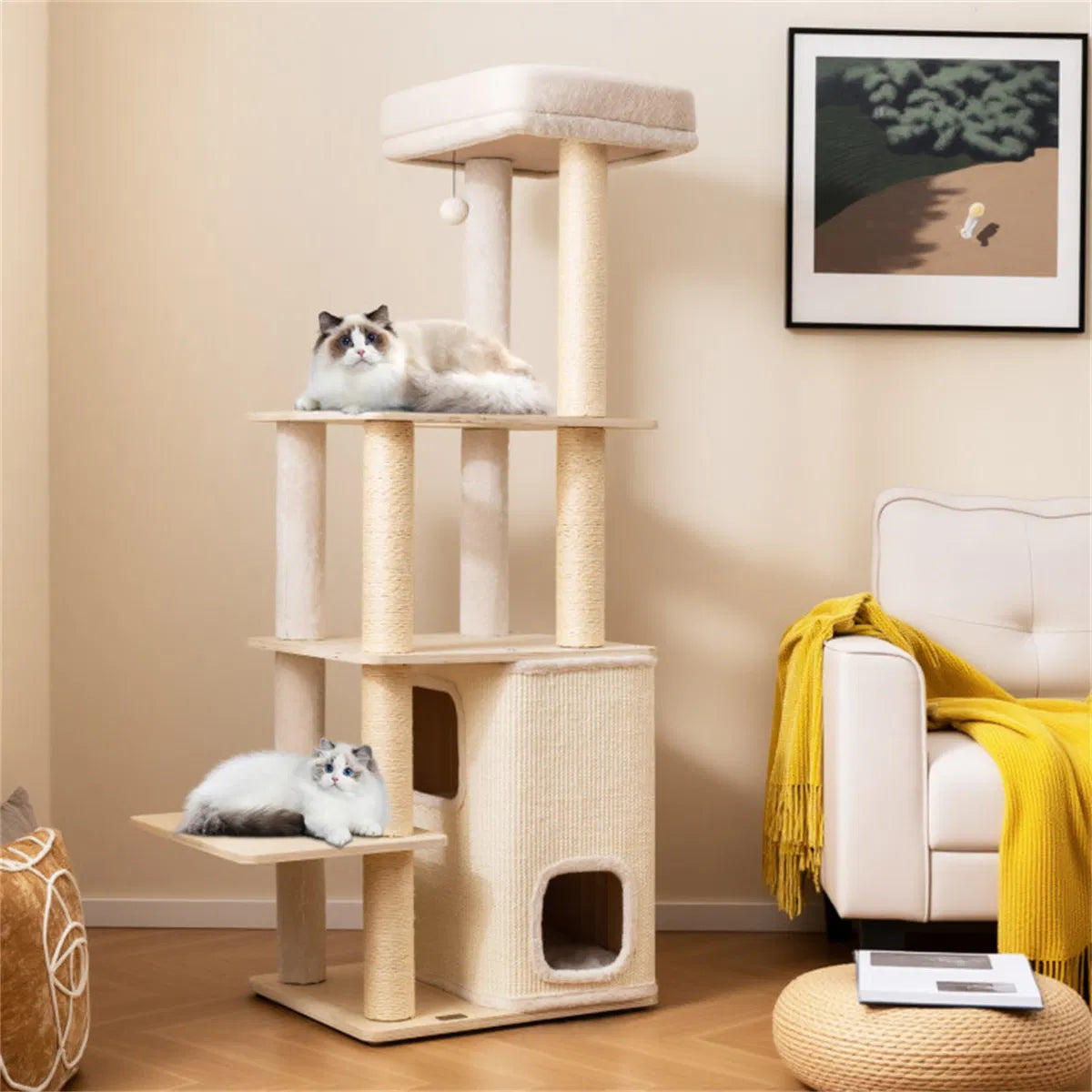 63" Wooden Cat Tree - 2-Story Condo with Bamboo Interior, 5 Sisal Scratching Posts, 44 lbs Per Layer Capacity