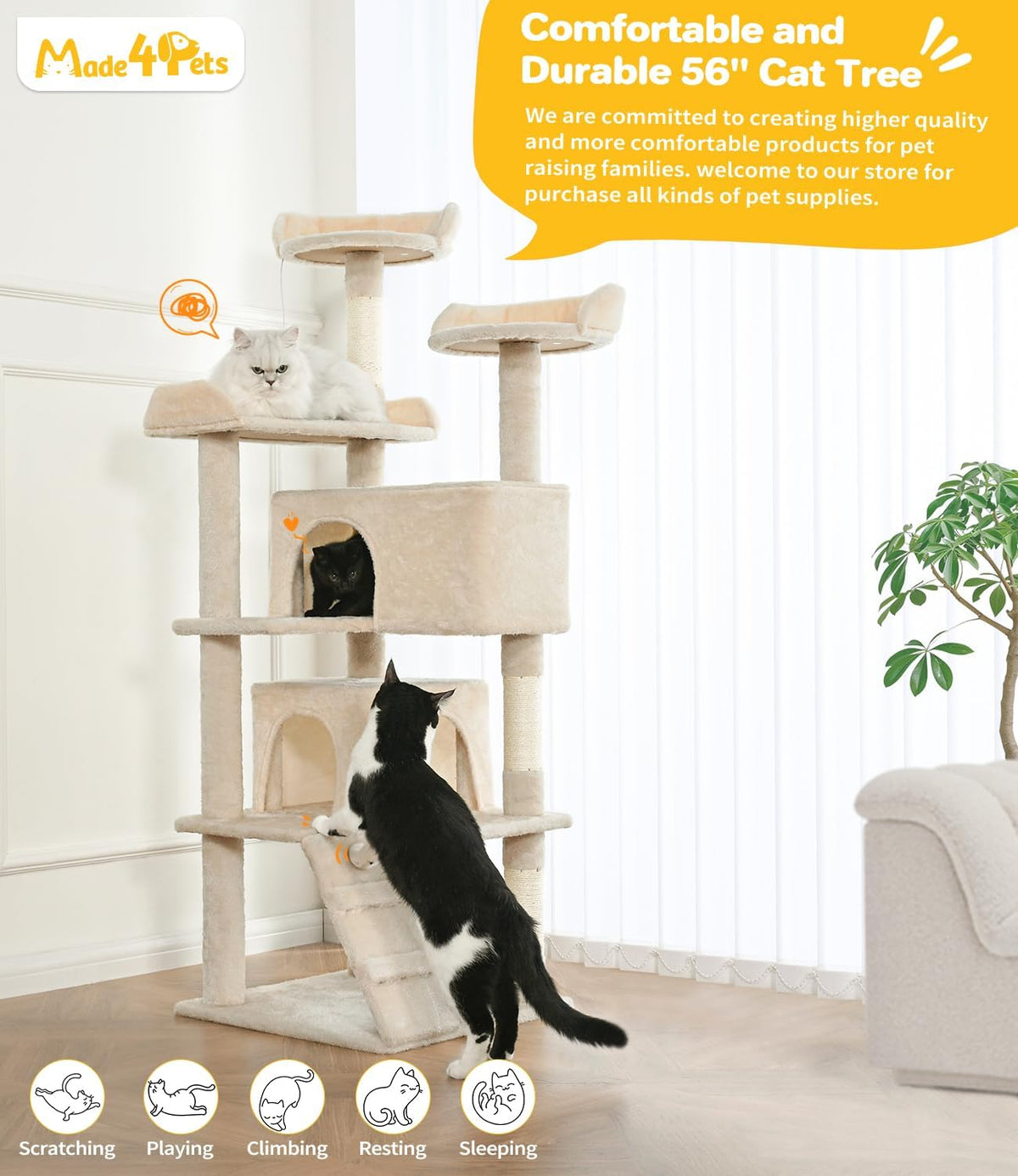 Made4Pets 56-inch Multi-Tier Cat Tree, Indoor Cat Cat Bed, Scratching Post, Toy, Activity Center, Playhouse, Kitten