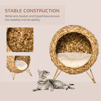 20.5" Weaved Cat Bed, Elevated Hand-woven Braided Banana Leaf Kitten House Condo with Cushion, Natural