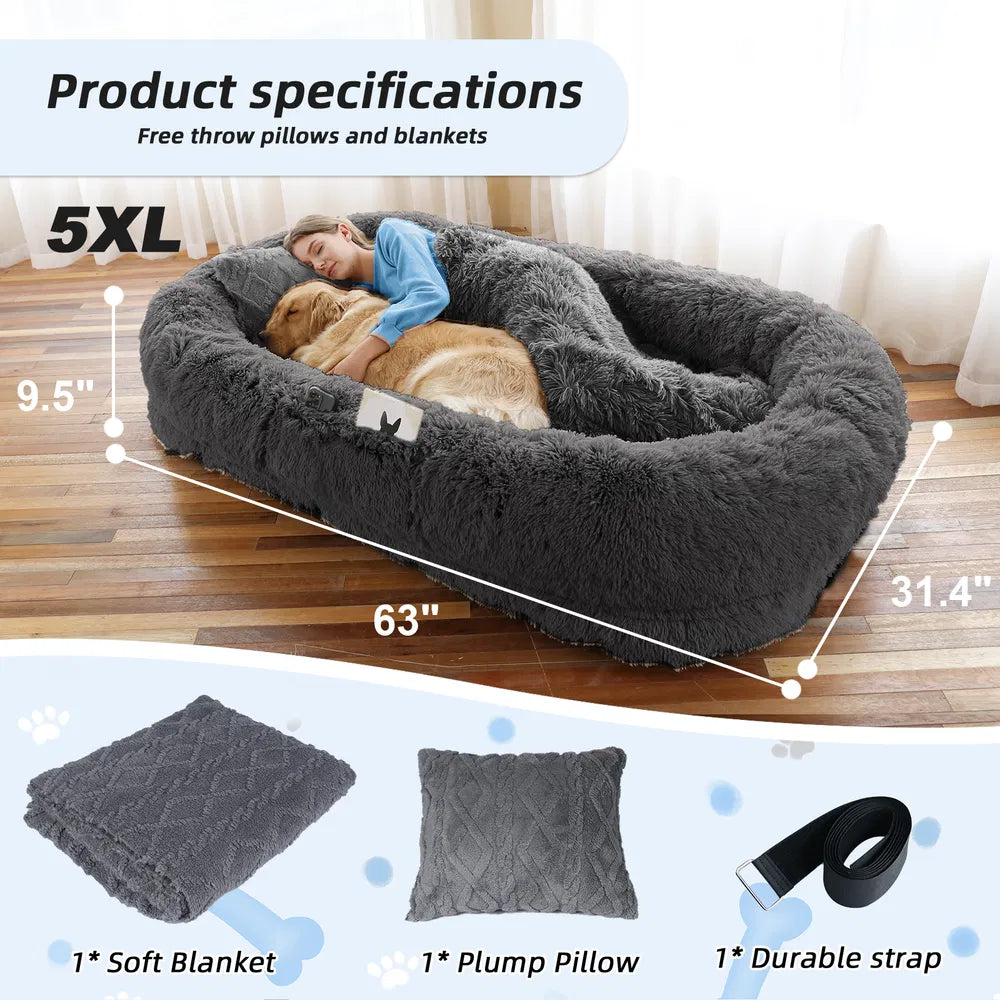 Human Dog Bed, Large Size Fits You And Pets, Washable Faux Fur Dog Bed For People Doze Off, Napping Orthopedic Dog Bed, 