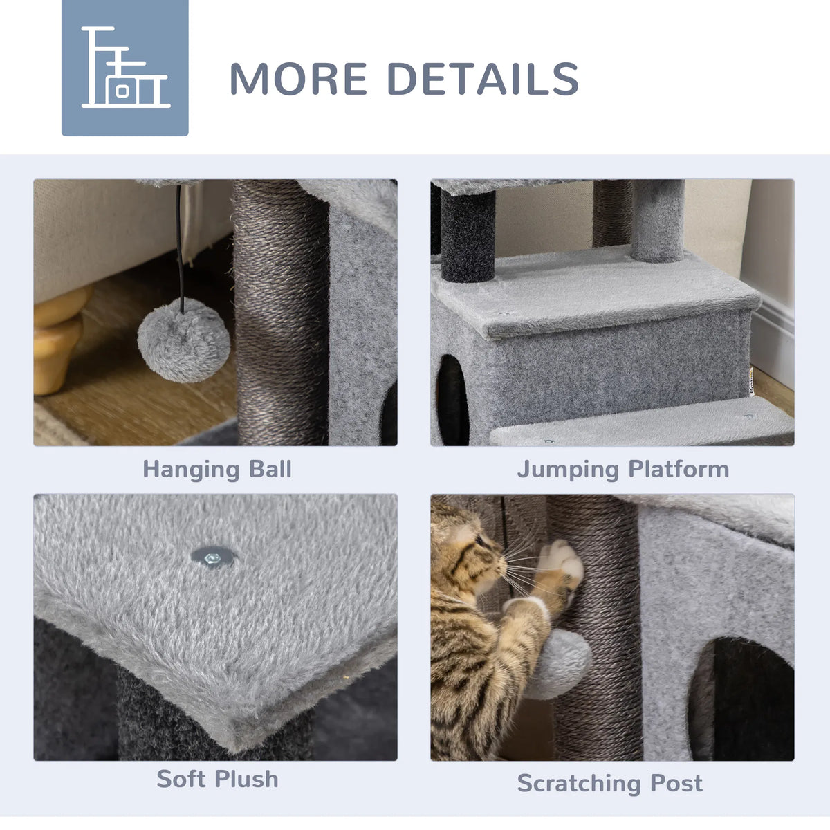 Cat Stairs Pet Steps for Couch Bed with Scratching Posts Condo Ball Toy, 23.6" x 15.7" x 26", Grey