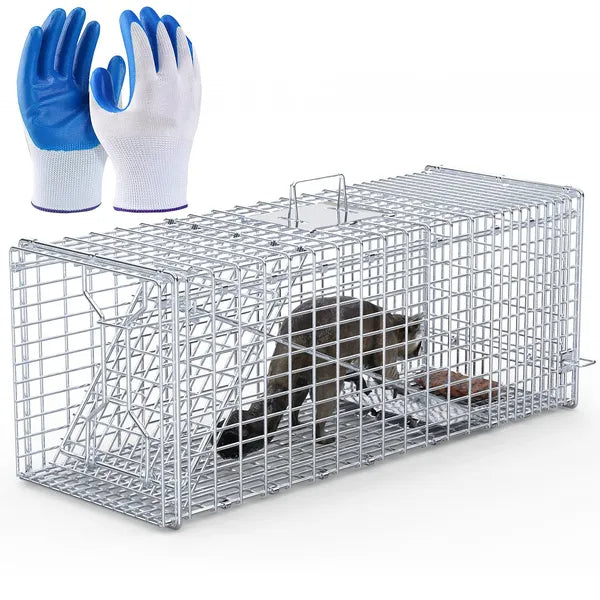 Live Animal Trap Cage 37x14x15in Folding Catch And Release Humane Cat Trap Galvanized Iron For Raccoons Foxes Coyotes St