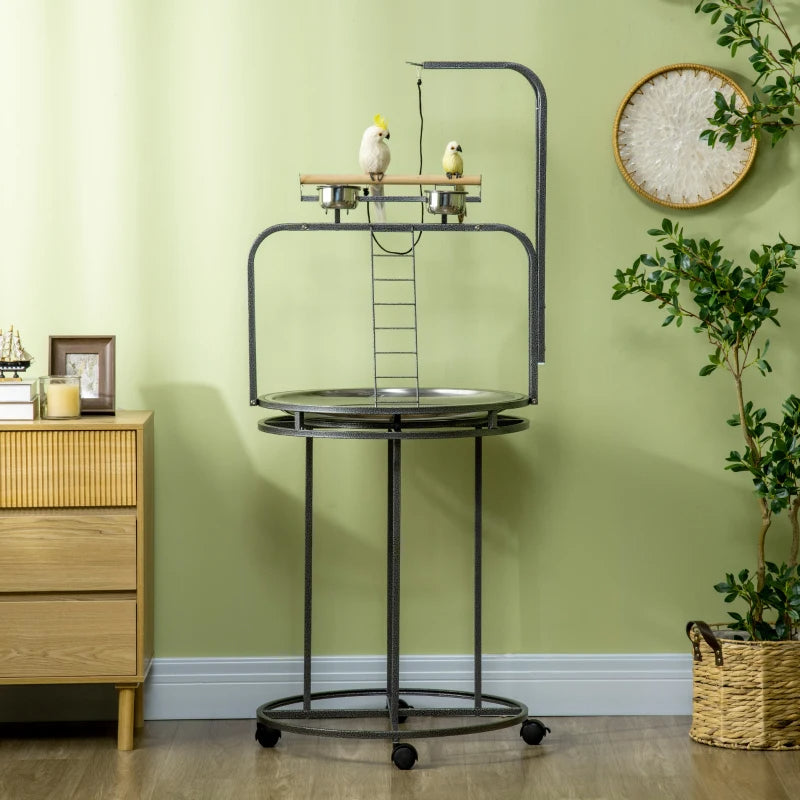 PawHut Parrot Stand Large Bird Perch Stand With Toy Hook 3 Ladders, Parrot Perch, Bird Wooden Stand, Gray
