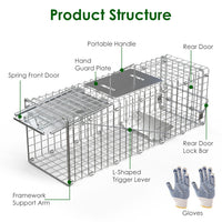 2Pcs 24X7.48X8.27IN Folding Humane Live Animal Trap Cages Easy To Catch And Release Foldable Cat Trap Galvanized Steel F