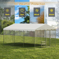 15x10 FT Large Outdoor Dog Kennel with Canopy, Heavy Duty Galvanized Steel Frame, Waterproof Cover, Built-in Elevated Fe