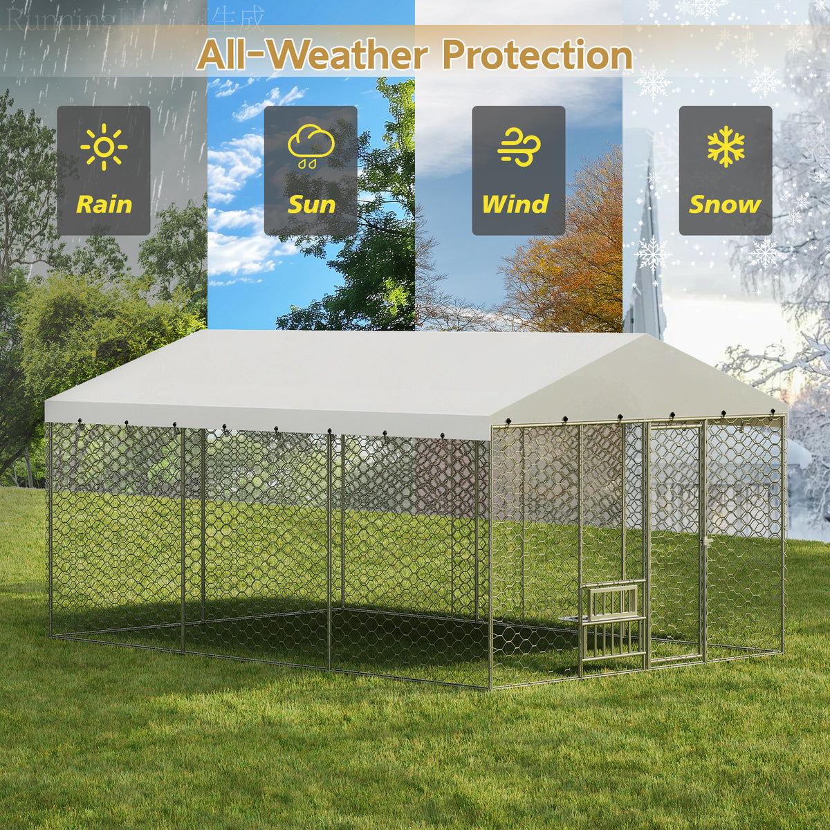15x10 FT Large Outdoor Dog Kennel with Canopy, Heavy Duty Galvanized Steel Frame, Waterproof Cover, Built-in Elevated Fe