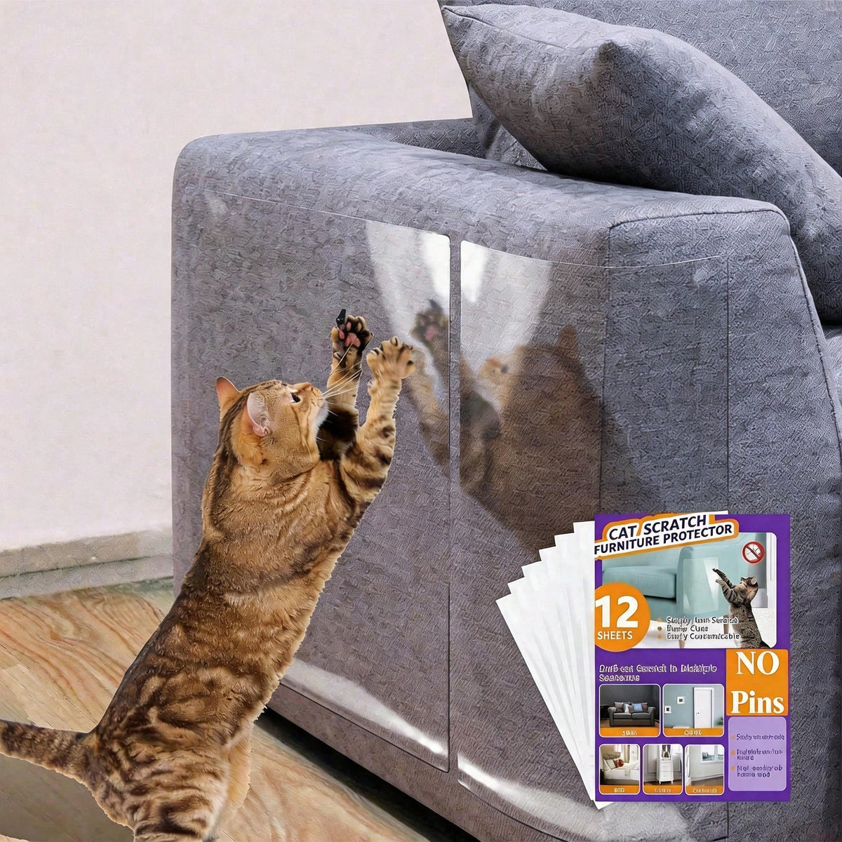 Anti Cat Scratch Protector 12 Pack, 6 Sheets Of 279 358mm And 6 Sheets Of 140 358mm, Single Side Couch Protector, Self A