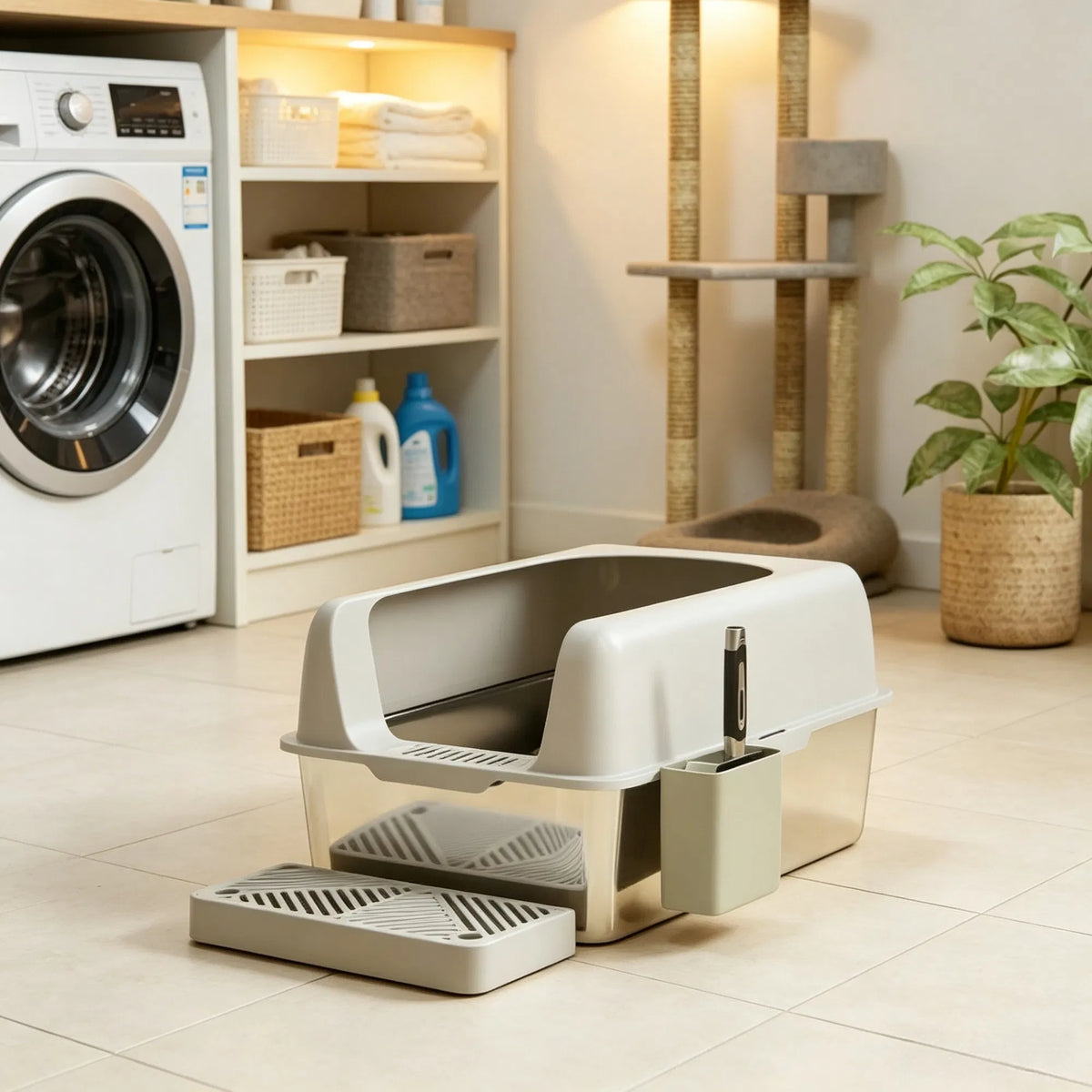 Light Gray 2 Pack High Sided Stainless Steel Litter Box Anti-Urine Leakage for Multi-Cat Households