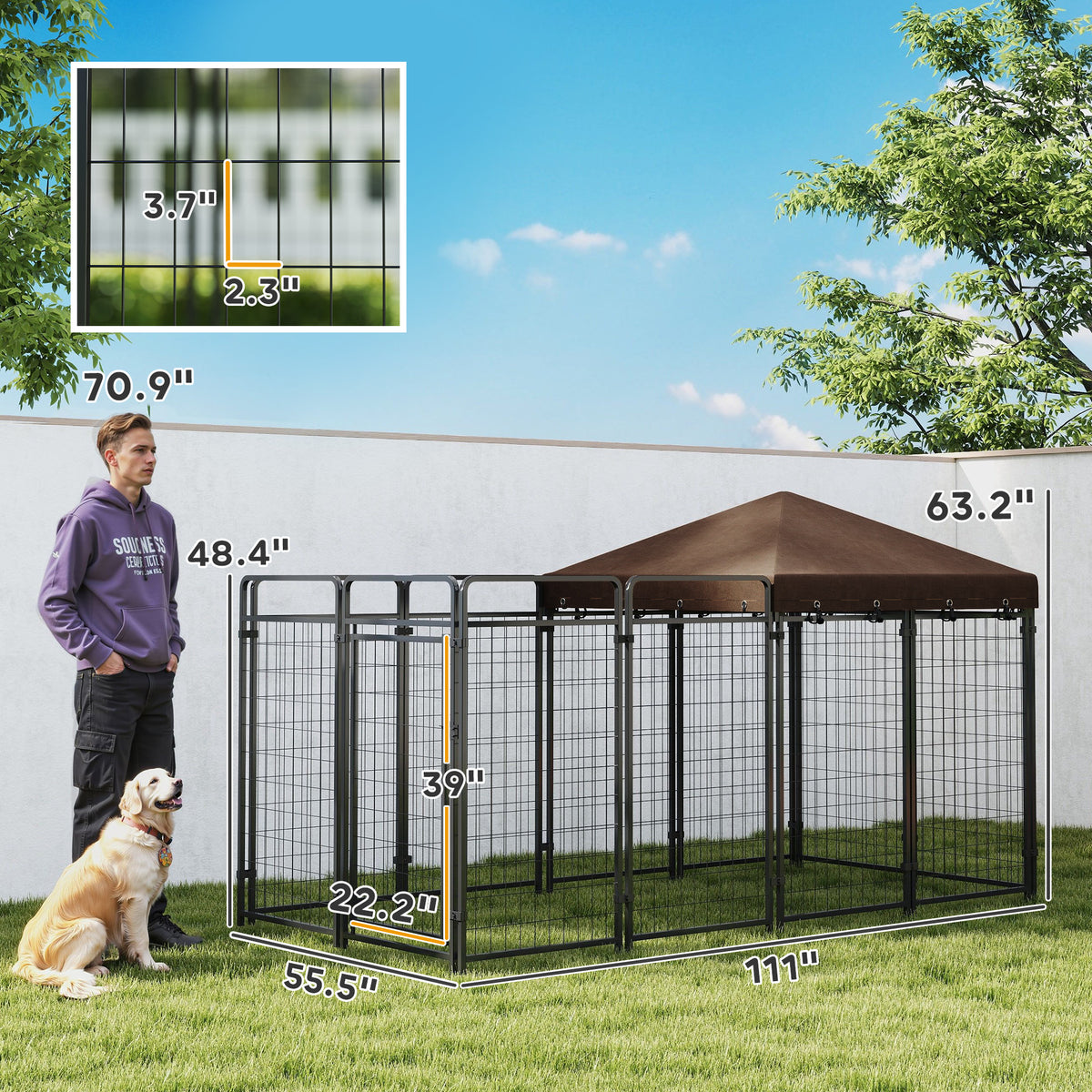 Dog Kennel Outdoor with Waterproof Canopy, Dog Run with Galvanized Chain Link, Secure Lock, for Backyard and Patio, Larg