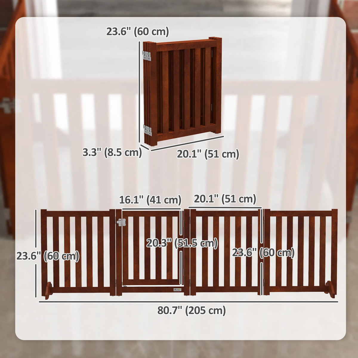 Foldable Dog Gate with Door, 4 Panels Fressstanding Pet Gate, Brown