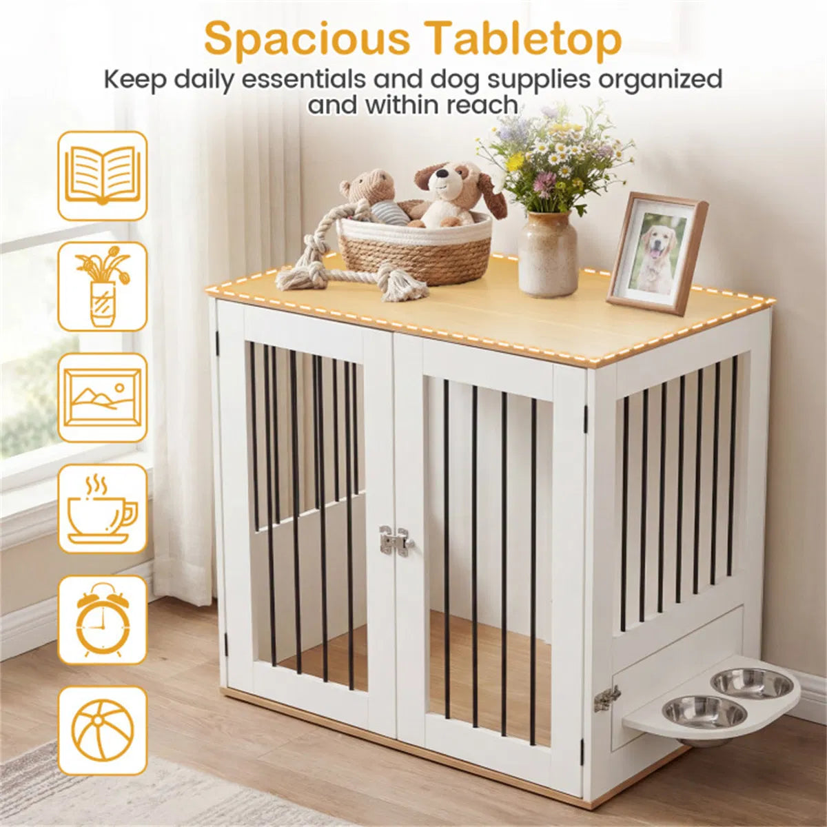 Furniture Style Dog Crate with 360° Rotating Feeder & 304 Stainless Steel Bowls, Double Locking Indoor Dog Kennel