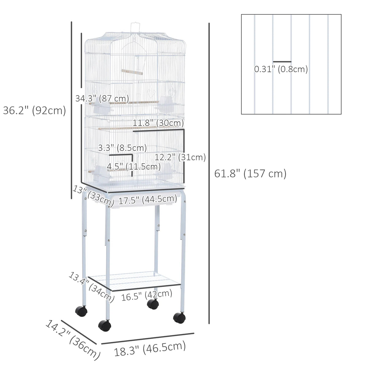 62" Rolling Bird Cage Cockatoo House Play Top Finch Pet Supply with Storage Shelf, Wheels - White