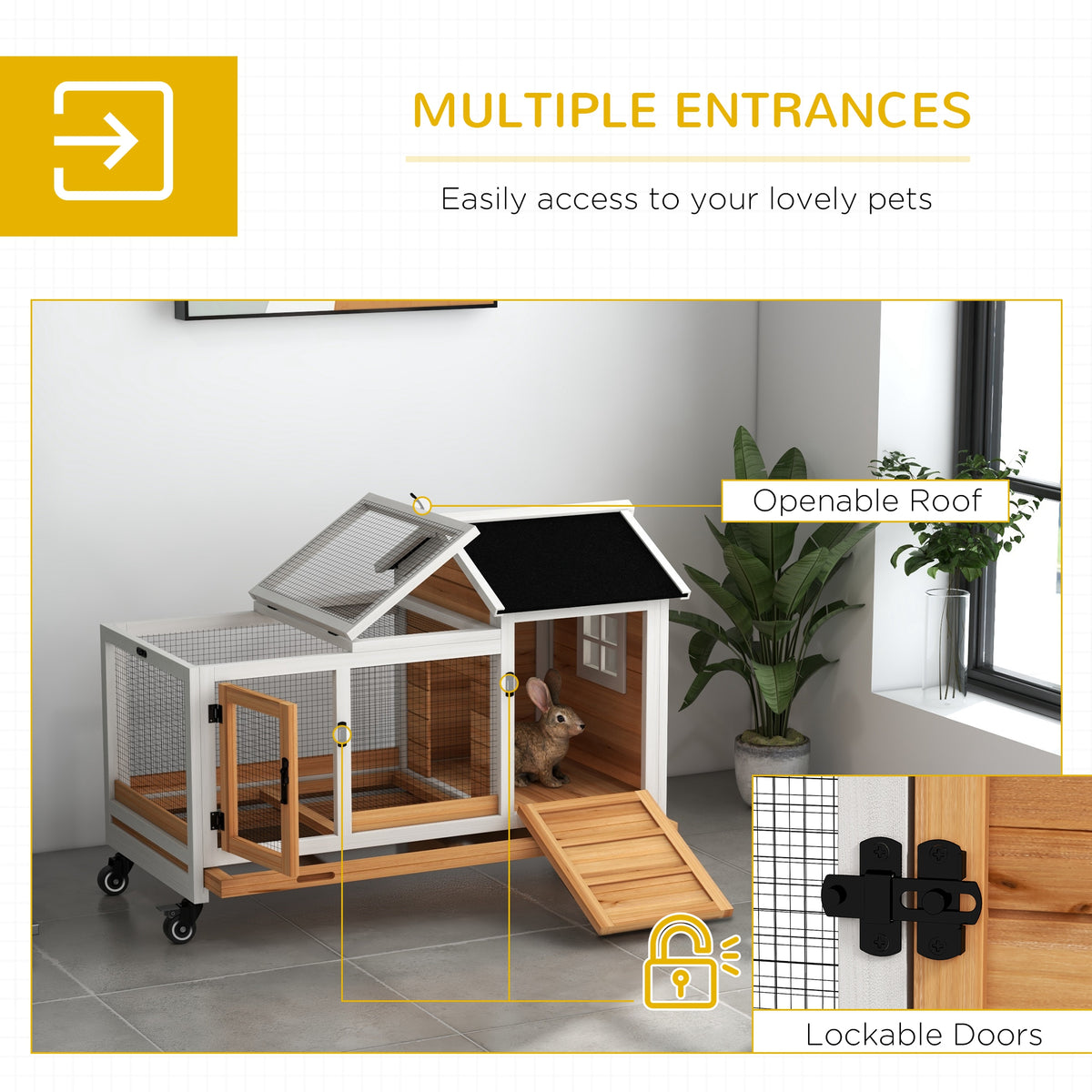 Wooden Rabbit Hutch with Wheels, Run, Slide-out Tray for Small Animals, Guinea Pig, Yellow