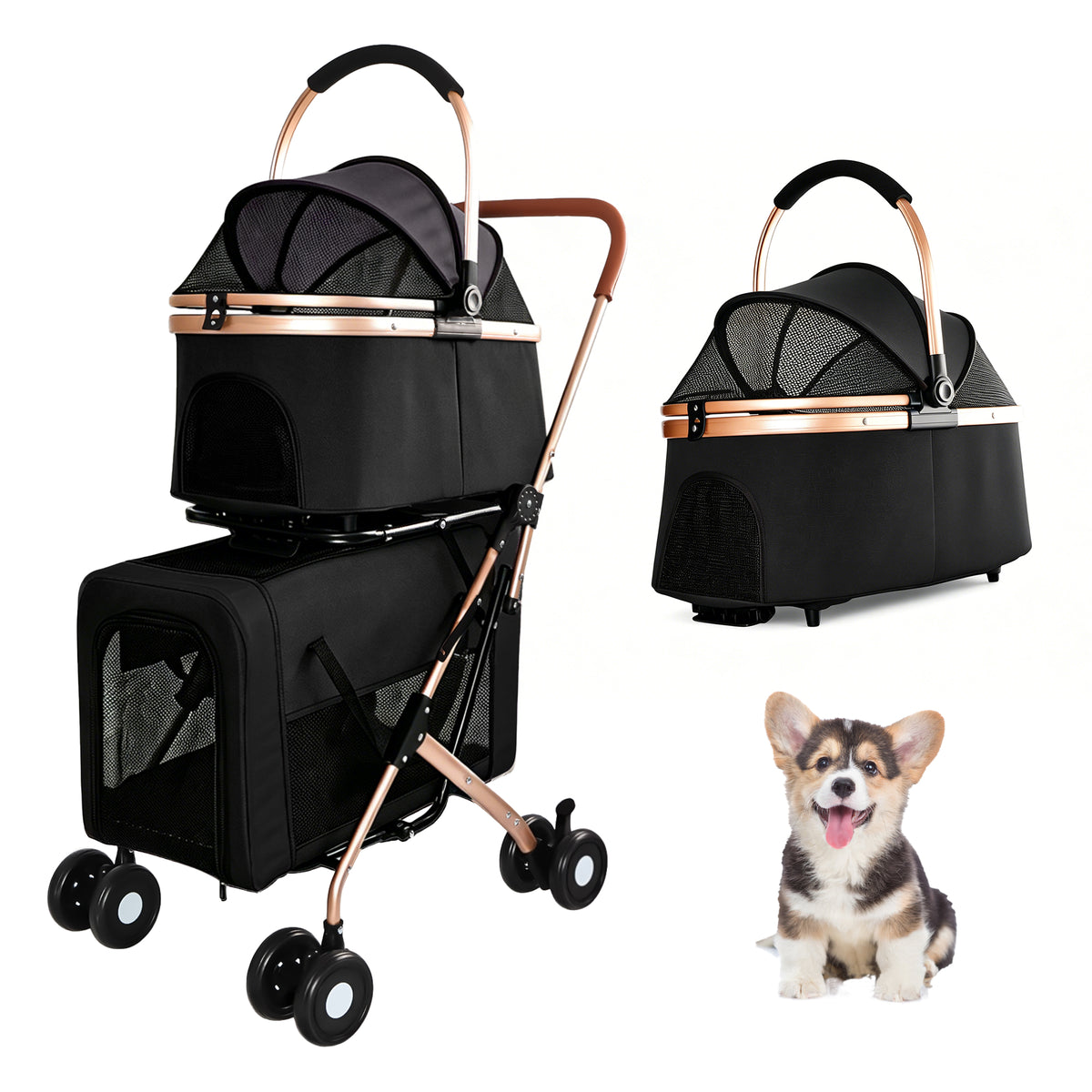 Double Pet Stroller for Dogs and Cats, Foldable Frame, 3-in-1 Convertible Carrier/Tote, Shockproof Wheels, Brake System,
