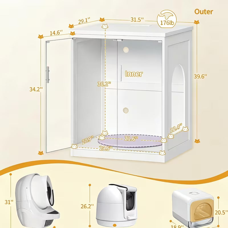 White Smart Litter Box Cabinet with Panoramic Glass Door & RGB Lighting – Self-Cleaning Litter Box Enclosure