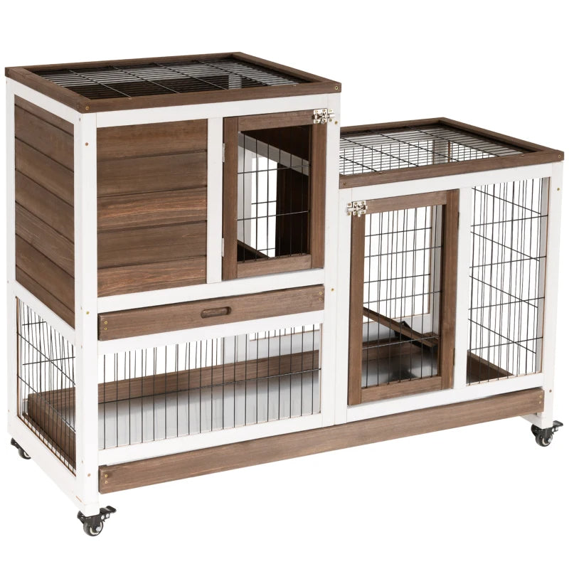 PawHut Wooden Rabbit Hutch Elevated Bunny Cage Indoor Small Animal Habitat With Enclosed Run With Wheels, Ramp, Removabl