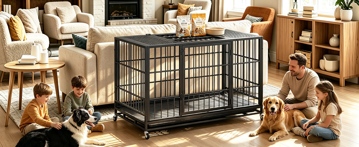 Heavy Duty Dog Crate , Mobile Pet Kennel with Lockable Wheels & Rotary Twist-Latch, Indoor Outdoor Metal Cage with Perfo