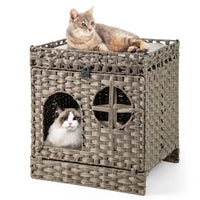 2-Tier Wicker Cat Condo with Litter Mat - Hidden Litter Box Enclosure, Detachable Washable Cushion, Gray Rattan
