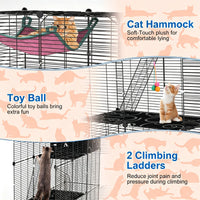 3-Level Metal Cat Cage Enclosure, Modular Pet Habitat with 3 Doors, 2 Ladders, Plush Hammock and Toy Ball for Small Indo