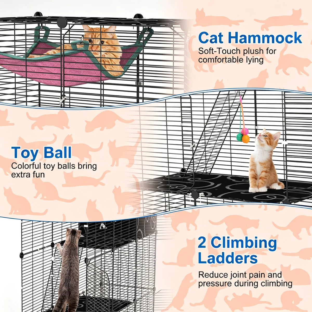 3-Level Metal Cat Cage Enclosure, Modular Pet Habitat with 3 Doors, 2 Ladders, Plush Hammock and Toy Ball for Small Indo