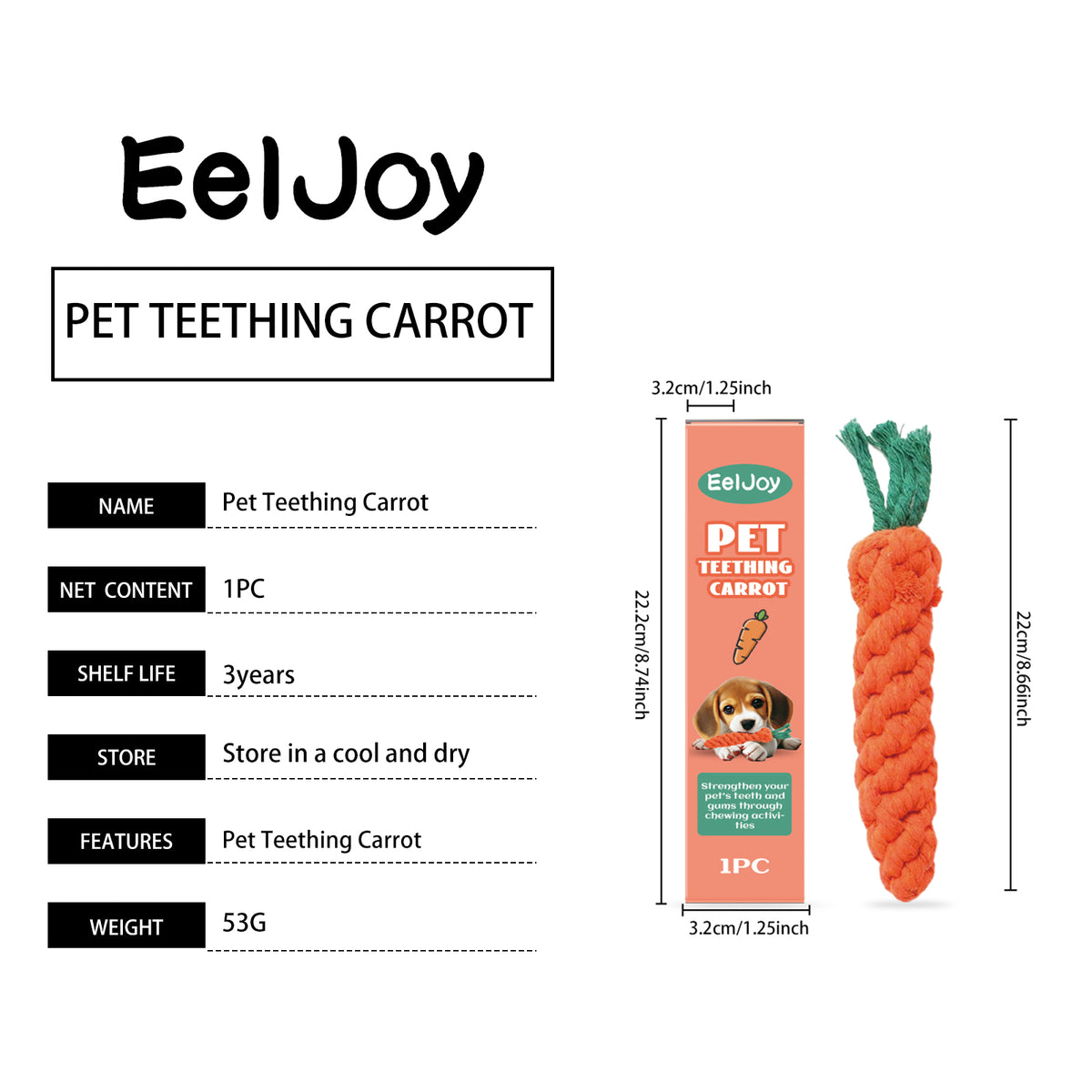Cotton Rope Carrot Dog Teething Toy, Durable Chew Toy For Puppy Teeth Cleaning & Gum Massage