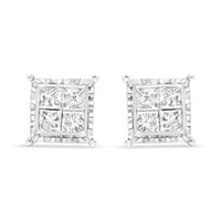14K White Gold 1 1/2 Cttw Invisible Set Princess-Cut Diamond Contemporary Wavy Quad Stud Earrings (I-J Color, I1-I2 Clarity)
