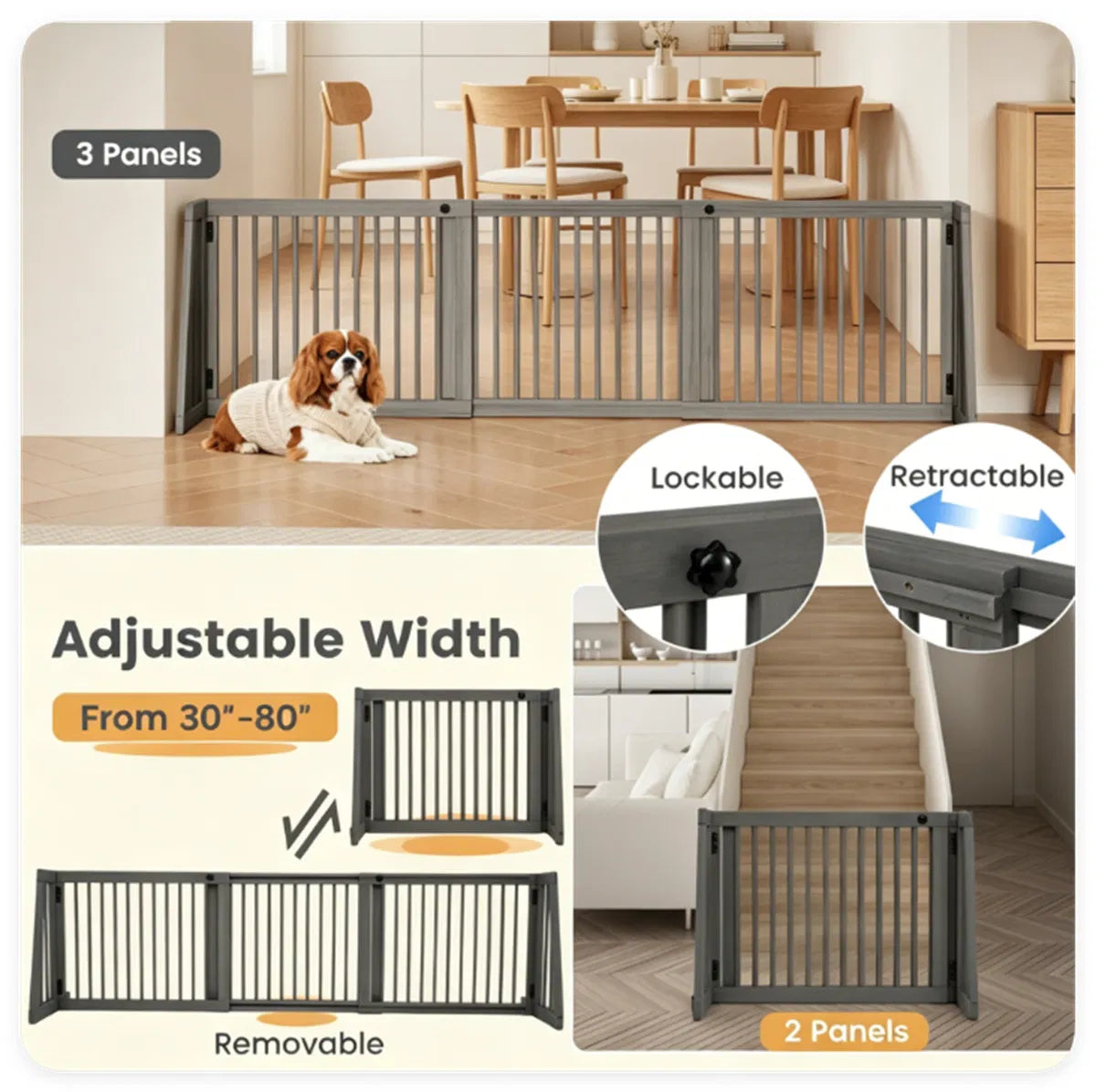 Adjustable Expandable Wooden Pet Gate 22 Inch Tall Freestanding Safety Fence, Gray Pine Wood Slide Dog Gate Easy Assembl