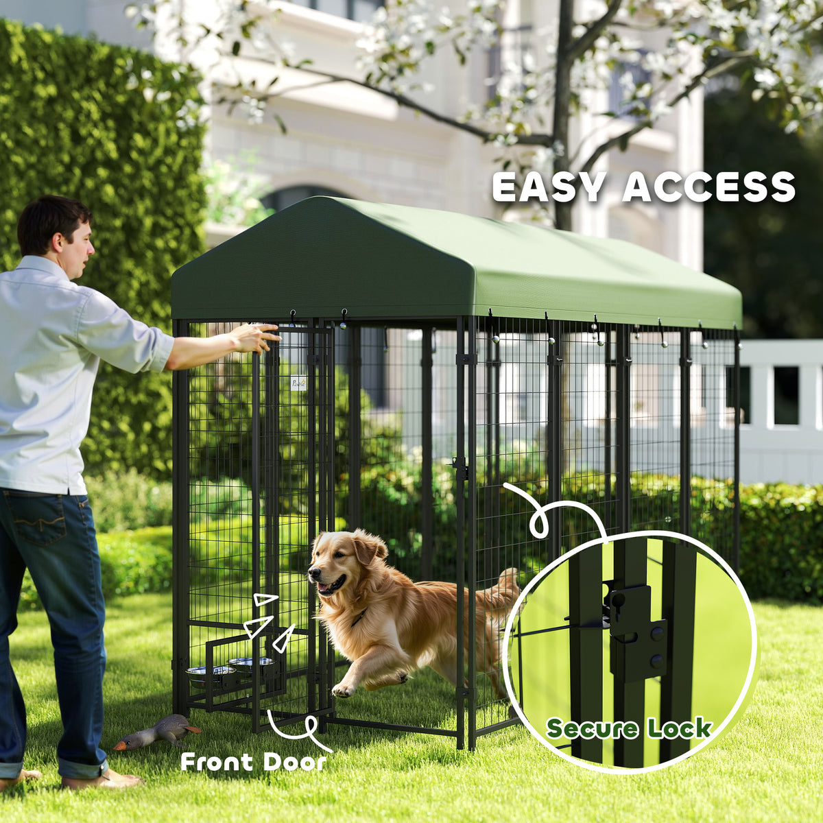 Outdoor Dog Kennel with Rotating Bowl Holders, Pet Playpen with Waterproof Cover, 8 x 4 x 6, Green