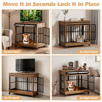 32in Dog Crate Furniture, Double Door Wooden Indoor Dog Kennel Furniture, Decorative Pet Cage End Table With Wheels For 