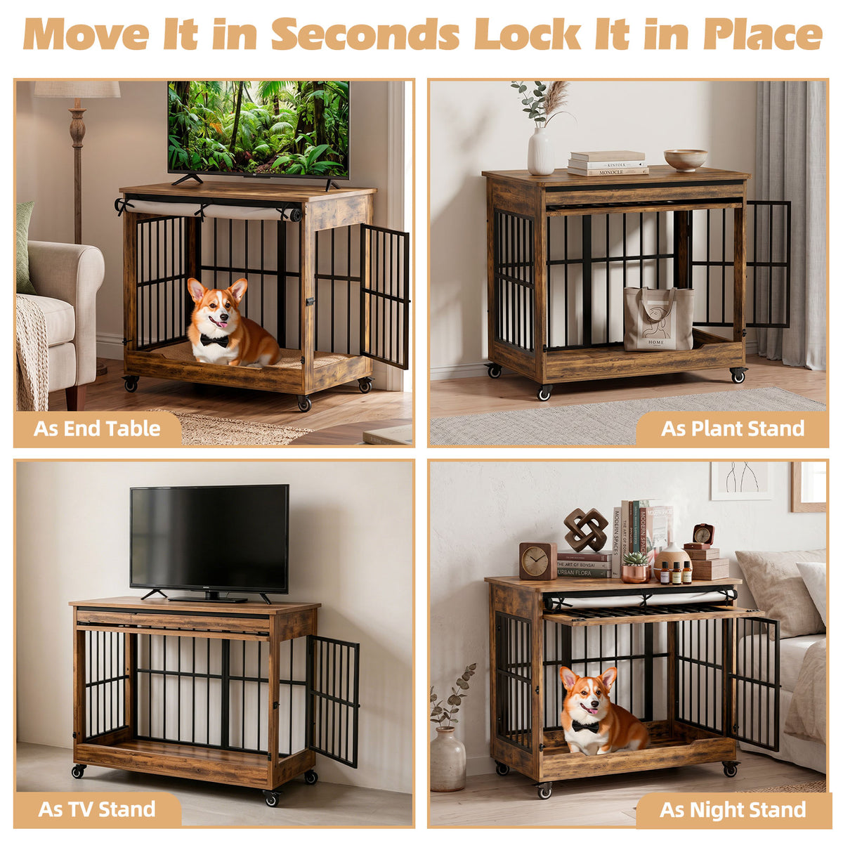 32in Dog Crate Furniture, Double Door Wooden Indoor Dog Kennel Furniture, Decorative Pet Cage End Table With Wheels For 
