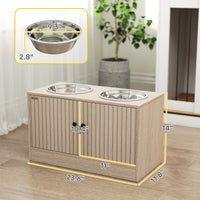 Elevated Dog Bowls with Storage Cabinet, 2 Stainless Steel Bowls, Slow Feeder, Dog Feeding Station for Large Dogs, Oak
