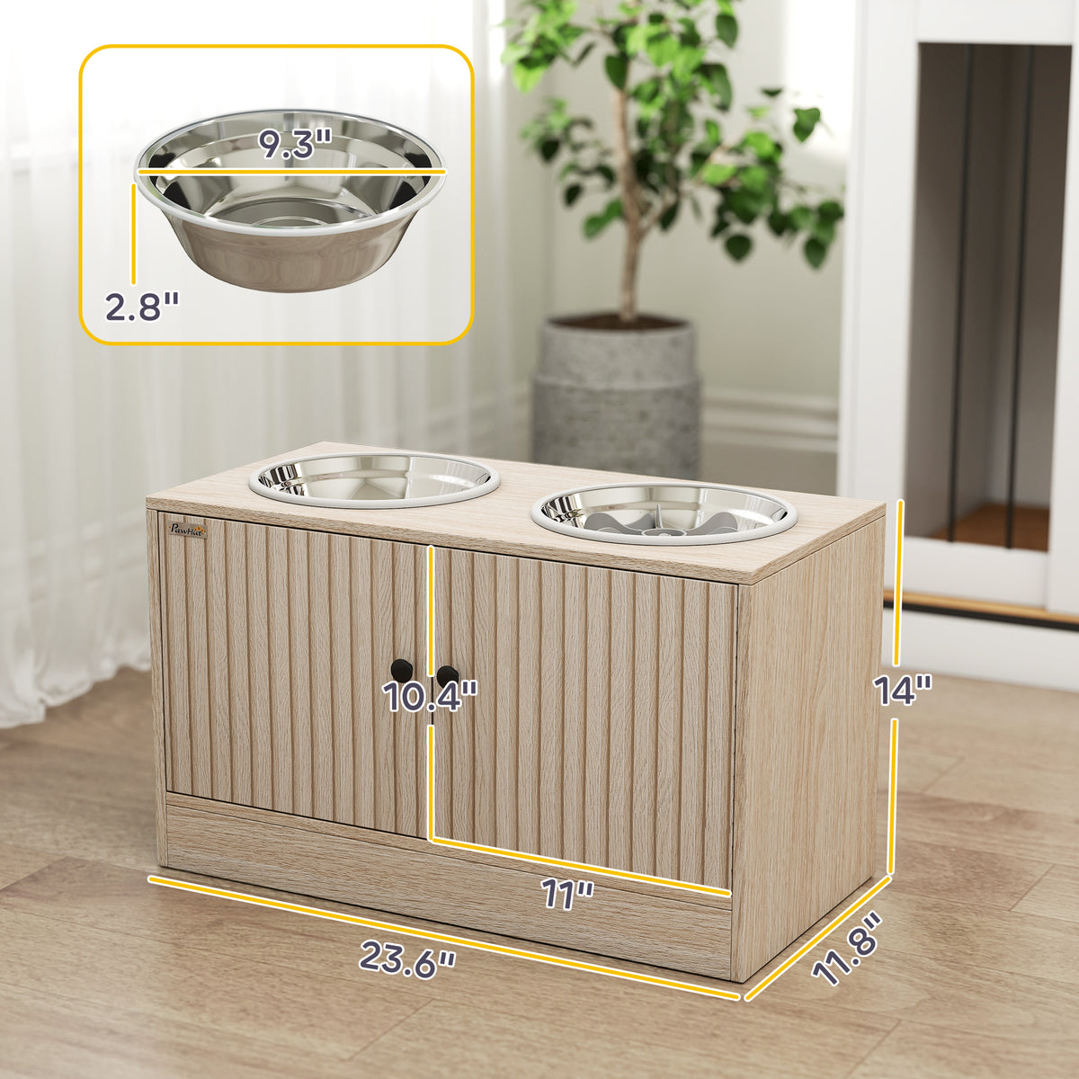 Elevated Dog Bowls with Storage Cabinet, 2 Stainless Steel Bowls, Slow Feeder, Dog Feeding Station for Large Dogs, Oak