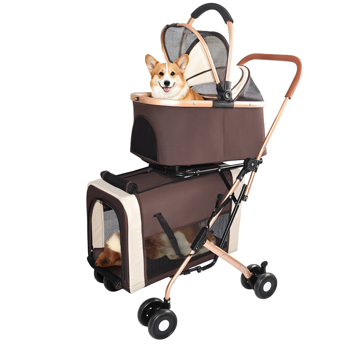Double Pet Stroller for Dogs and Cats, Foldable Frame, 3-in-1 Convertible Carrier/Tote, Shockproof Wheels, Brake System,