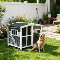 Large Dog House Cabin-Style Wooden Pet Shelter with Openable Roof And Giant Window Gray