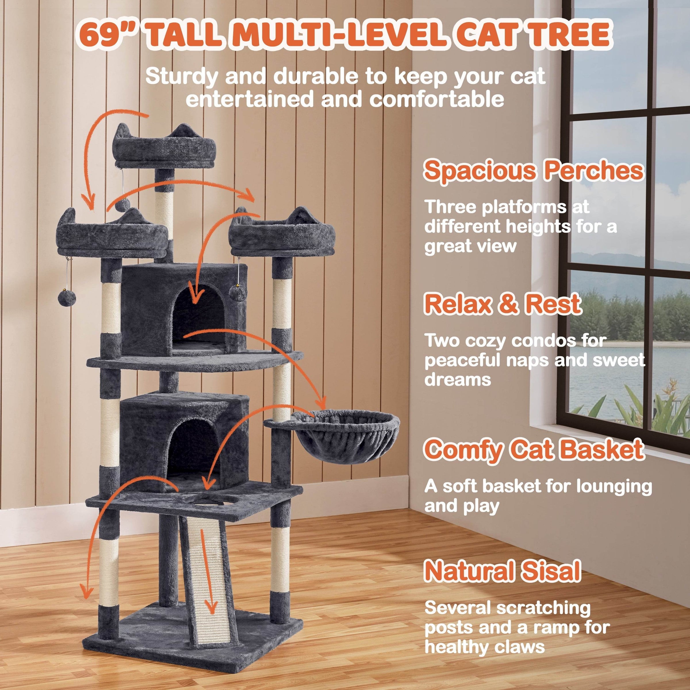 Renwick 69in Large Cat Tree Tower with Condos &amp; Scratching Board - Dark Gray - BIG FRENCHIES