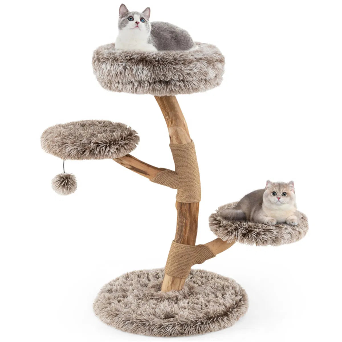 4-Level Natural Pear Wood Cat Tree - 19.5"x35.5", Jute Scratch Posts + Plush Ball, Long Plush