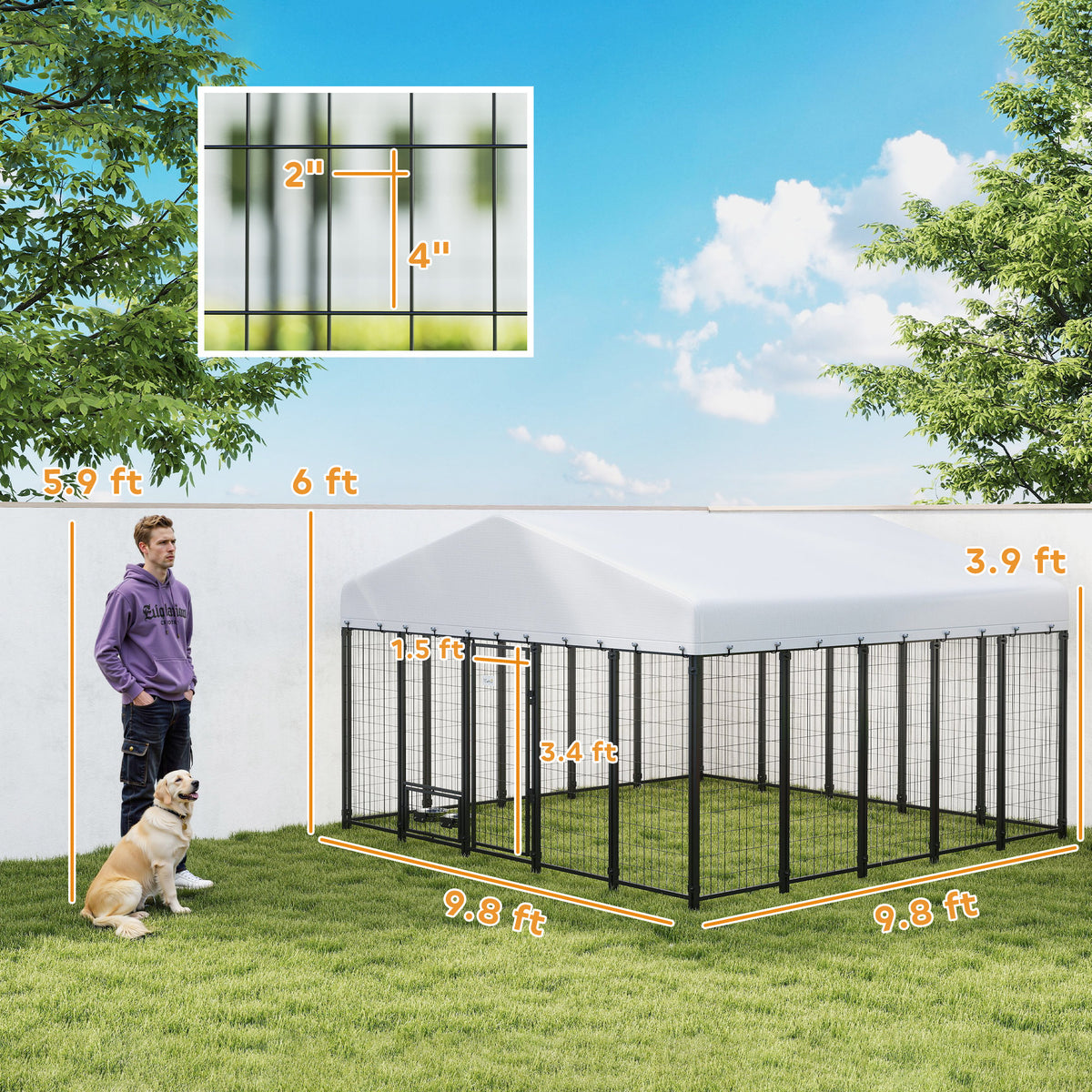 9.8 x 9.8 x 6 Outdoor Dog Kennel, Dog Kennel Outside Run with 360° Rotating Bowls, Waterproof & UV Resistant Cover