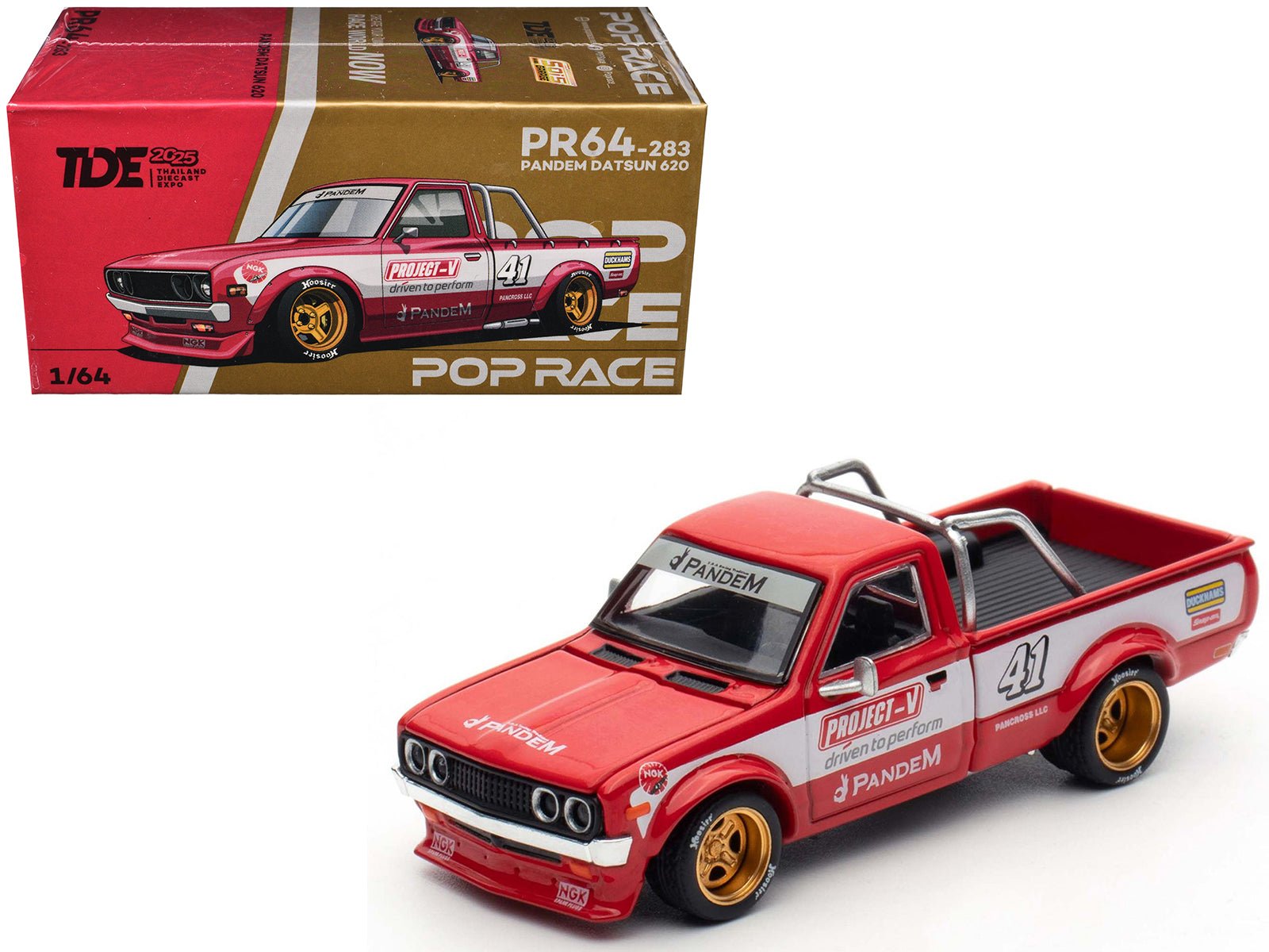 Datsun Pandem 620 Pickup Truck #41 Red Metallic with White Stripes and Graphics "2025 Thailand Diecast Expo" 1/64 Diecast Model Car by Pop Race  free shipping USA