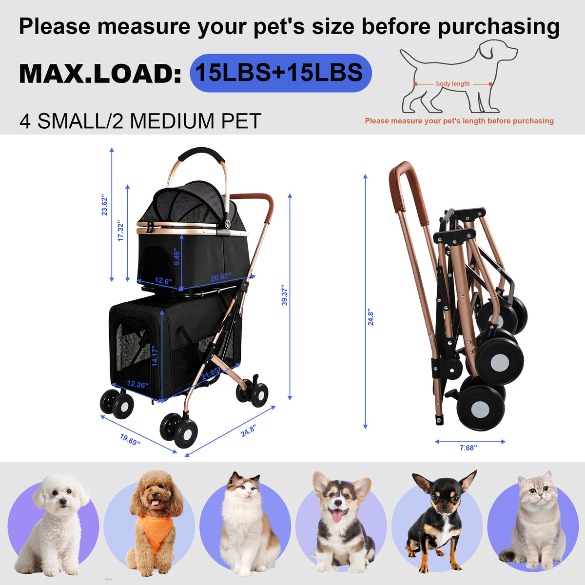 3-in-1 Double Pet Stroller For Small Medium Dogs Cats, Foldable Frame Convertible Pet Carrier Tote, Shockproof Wheels Wi