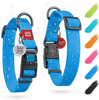Waterproof Dog Collar Adjustable 17–28 in Neck x 1 3/5 in Wide Buckle & QR Tag Blue