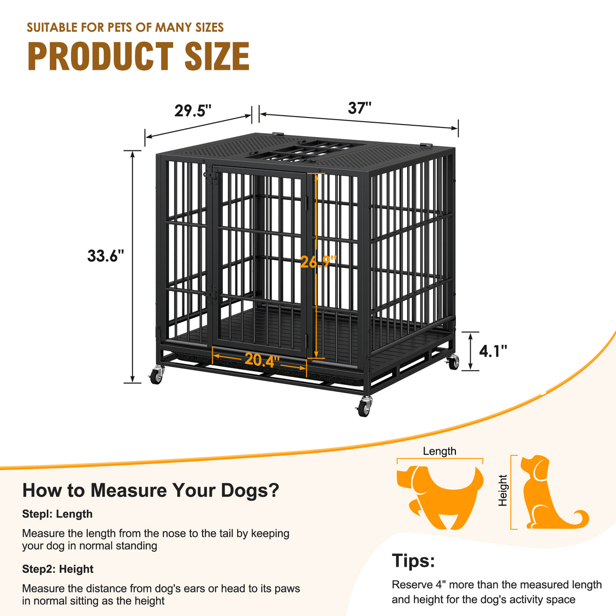 Heavy Duty Dog Crate , Mobile Pet Kennel with Lockable Wheels & Rotary Twist-Latch, Indoor Outdoor Metal Cage with Perfo
