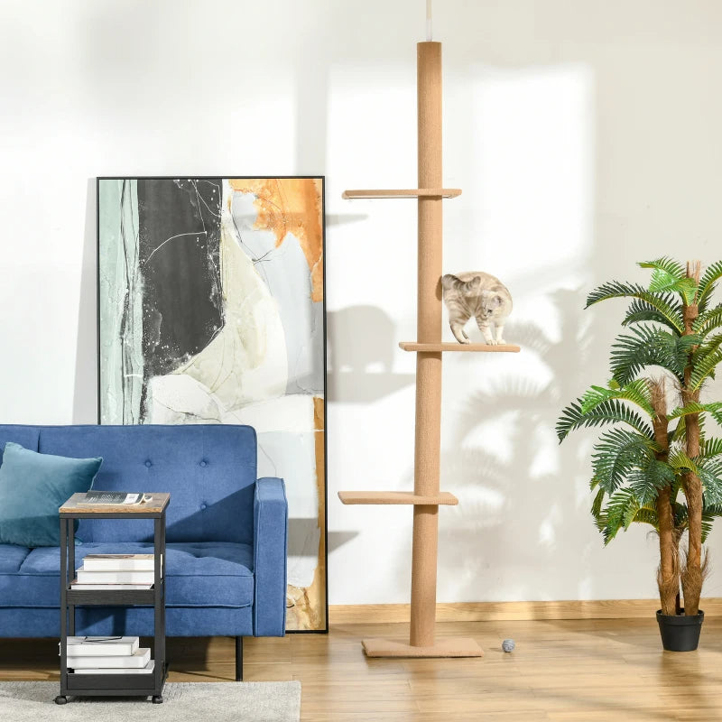 PawHut Floor-to-Ceiling Cat Tree Cat Climbing Tower With Sisal-Covered Scratching Posts Natural Cat Tree Activity Center